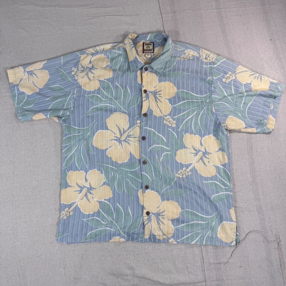 Tommy Bahama Silk Shirt Mens Large Blue Floral Hibiscus Stripe Hawaiian Tropical